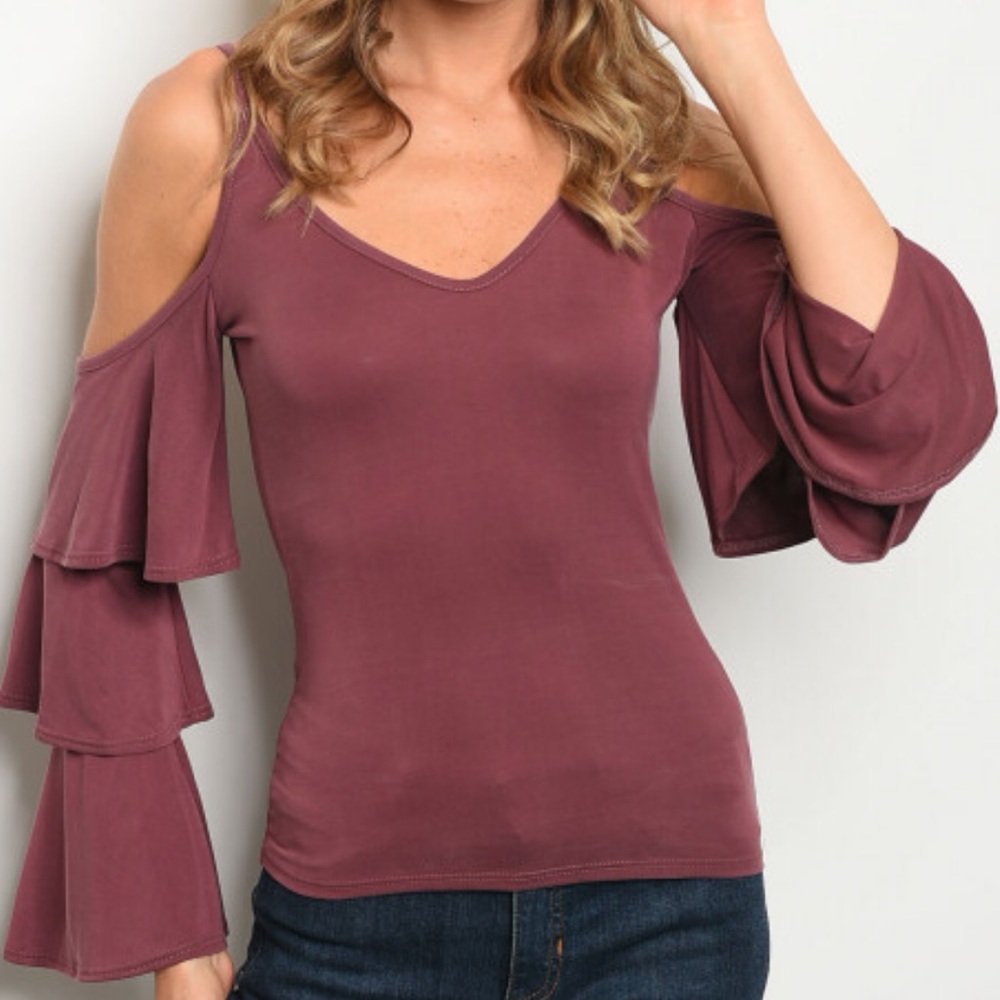 ♥️SIZE SMALL♥️Plum Color Ruffle Bell Sleeve Top - Picture 8 of 8